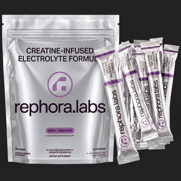 Rephora Electrolyte Creatine Drink Mix Berry Lemonade bag and stick packs