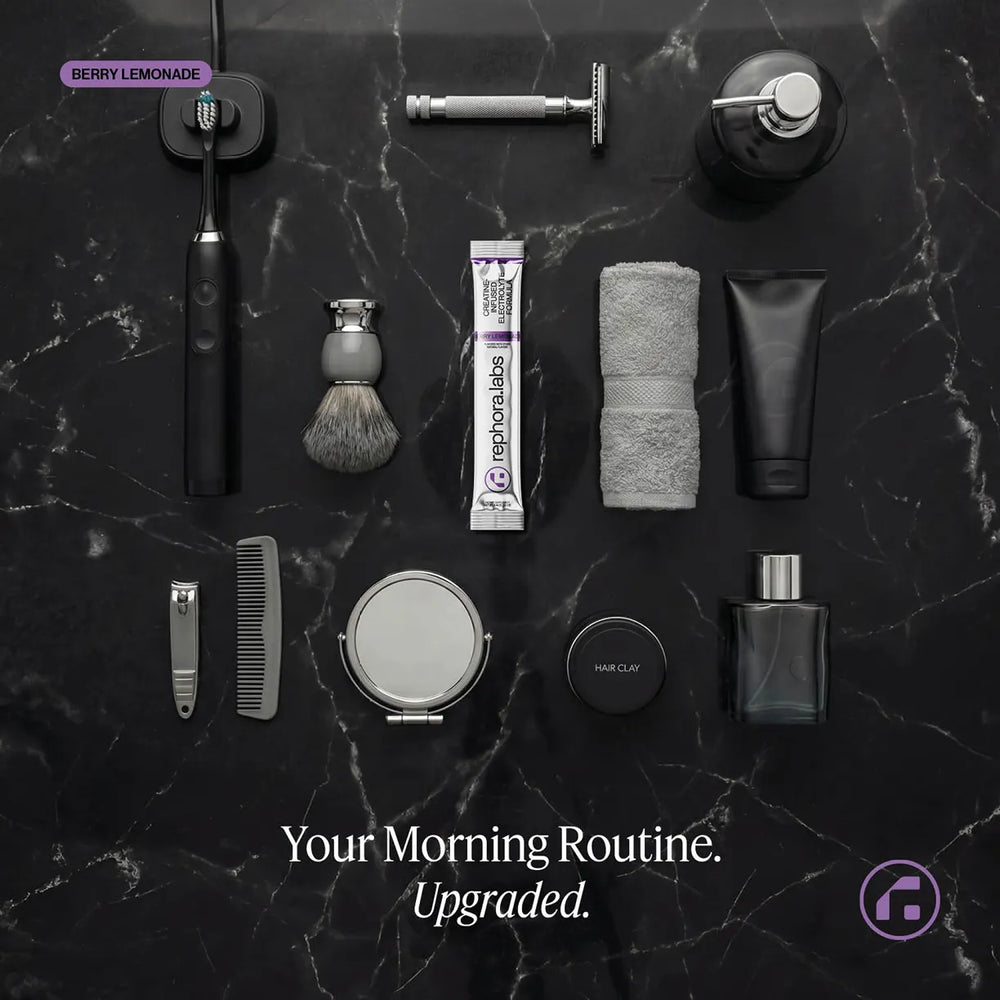 Morning grooming flat lay with Rephora Berry Lemonade stick pack
